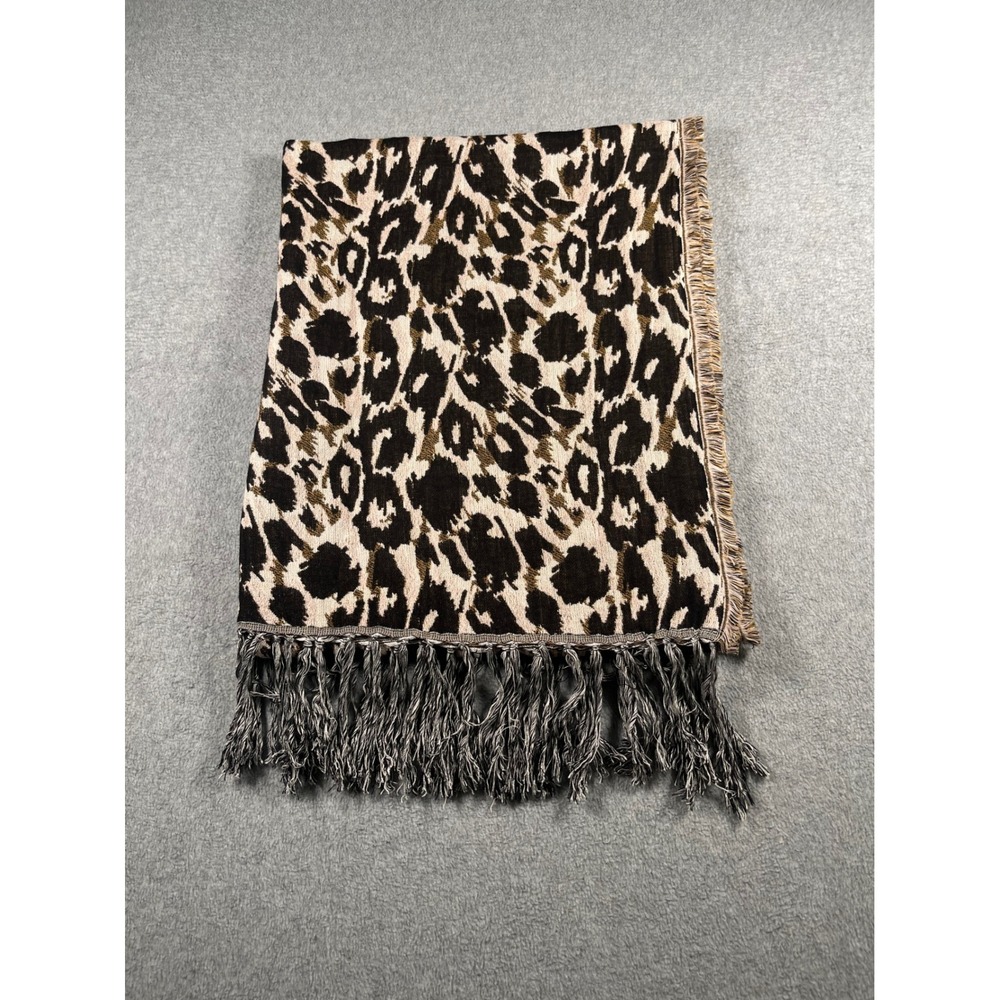 Saint Tropez Leopard Print Scarf Oversized Fringed Wrap Brown Black Cream